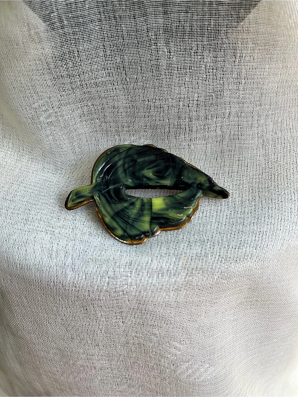 Vintage Green & Brown Resin Leaf Brooch Pin